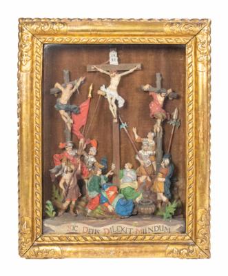 Andachtsbild, Christi Kreuzigung mit den beiden Schächern, Alpenländisch, 18./19. Jahrhundert - Velikonoční aukce