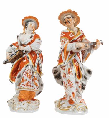 Malabarin mit Drehleier und Malabar mit Laute, Entwurf Friedrich Elias Meyer 1751, Meissen, 1975 und um 1940 - Asta di Pasqua