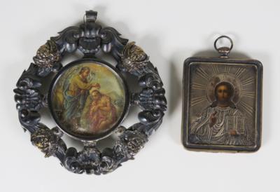 Zwei silbergerahmte Bildchen: Taufe Christi und russische Ikone, um 1900 - Porcelain, glass and collectibles