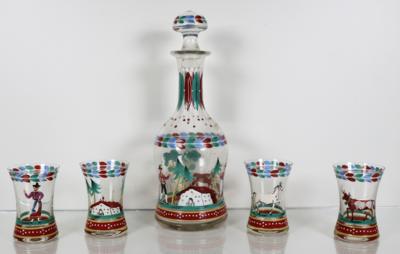 Karaffe mit Stöpsel und 4 Becher, Alpenländisch, Ende 19. Jahrhundert - Porzellan, Glas und Sammelgegenstände