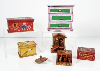 Konvolut von 7 Spielsachen bzw. Miniaturgegenständen, - Porcellana, vetro e oggetti da collezione
