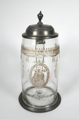Walzenkrug mit Hl. Josef mit Jesuskind, Böhmen, Anfang 19. Jahrhundert - Porzellan, Glas und Sammelgegenstände