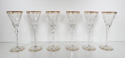 Sechs Weingläser aus der Serie Rose bzw. Paula, Entwurf 1902, Ludwig Moser  &  Söhne, Karlsbad - Porzellan, Glas und Sammelgegenstände