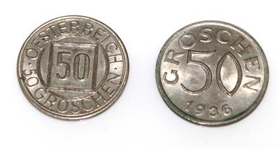 2 Metallmünzen, a 50 Groschen, ÖSterreich - Um?ní, starožitnosti, šperky