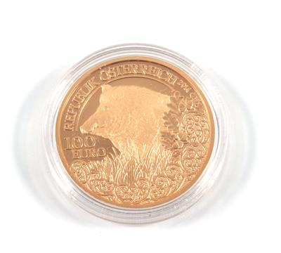 Goldmünze, 100 Euro, "Das Wildschwein", Österreich 2014 - Umění, starožitnosti a šperky