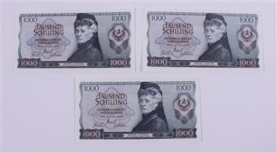 3 Banknoten, a 1.000, Schilling, "Bertha v. Suttner" - Arte, antiquariato e gioielli