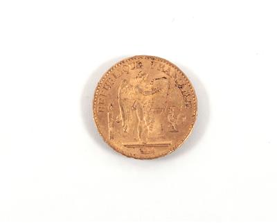 Goldmünze 20 Francs, Frankreich 1875 - Umění, starožitnosti a šperky