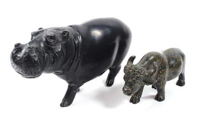 2 Steinfiguren "Nilpferd und Büffel" - Arte, antiquariato e gioielli