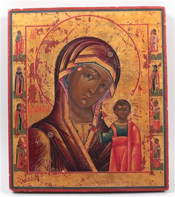 Russische Ikone "Gottesmutter von Kasan, flankiert von sechs Heiligen" - Umění, starožitnosti, šperky