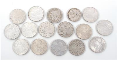 15 Silbermünzen a 10, Schilling, 1 Silbermünze 5,- Schilling, 2. Republik - Umění, starožitnosti, šperky