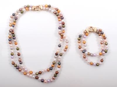 Armkette und Halskette aus Süßwasserkulturperlen, 2-reihig, multicolor, tlw. künstl. farbverändert - Arte, antiquariato e gioielli