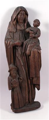 Provinzielle spätgotische Skulptur, "Madonna mit Kind zu ihren Füßen ein Pilger oder Stifter" - Kunst, Antiqutäten und Schmuck